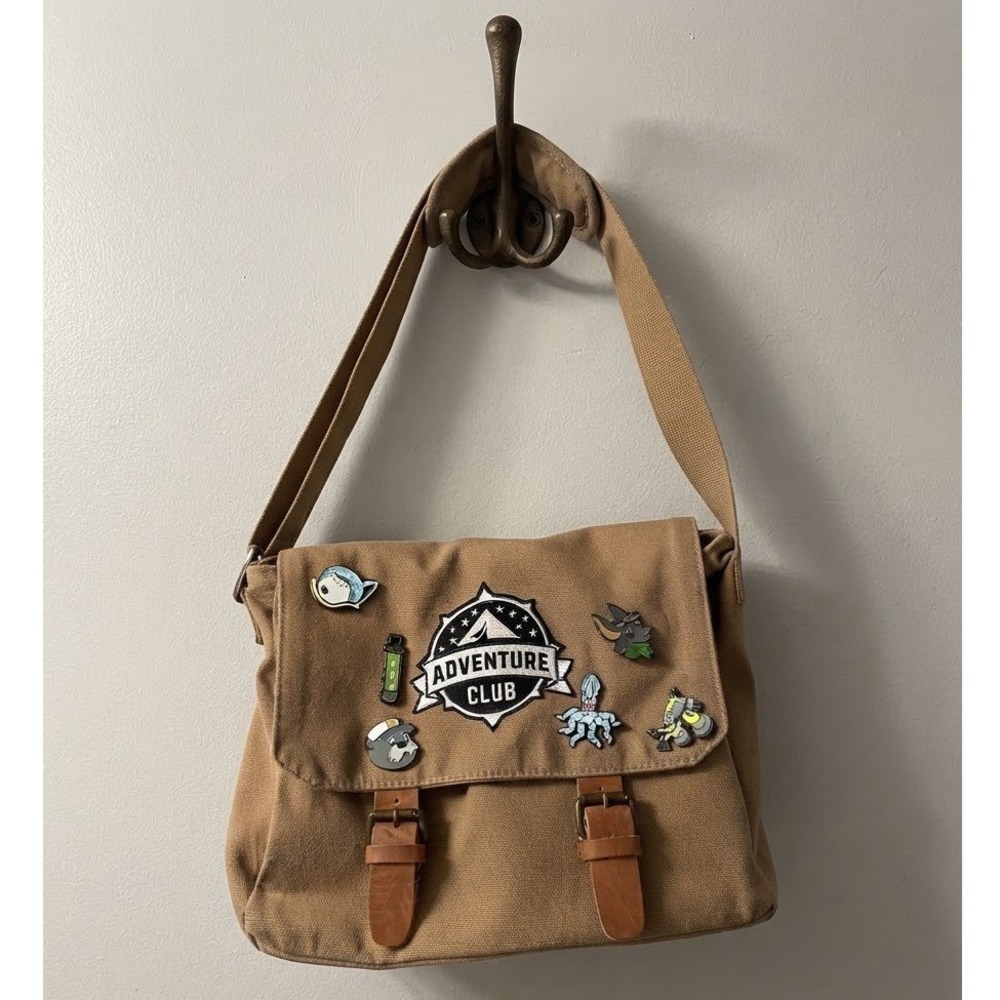 Adventure Club Tan Khaki Canvas Messenger Bag with Enamel Pins Satchel Crossbody